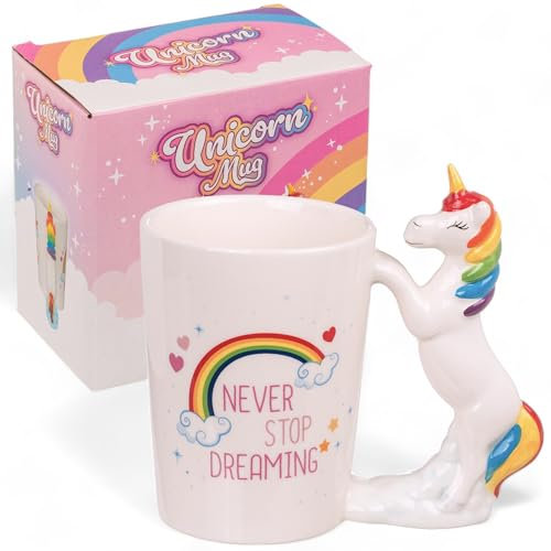 MIJOMA Einhorn-Becher 'Never stop dreaming' mit Einhorn-Griff, 300 ml, Kaffeebecher spülmaschinenfest – Die perfekte Tasse für Kaffee-Liebhaber und Einhorn-Fans