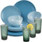 Melamin Geschirr Set 16 Teile elegante Steingut Optik in blau mit Wasserglas 260ml grün - für 4 Personen Essgeschirr Gläser Wasserglas Tumbler Whiskey - Campinggeschirr Picknick Camping