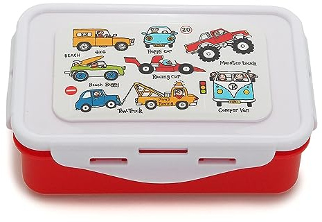Tyrrell Katz Kids Cars Printed Lunch Box in Red - Children's Food Container with Clip Lock Lid and Removable Inner Divider - 17 x 11 x 5 cm