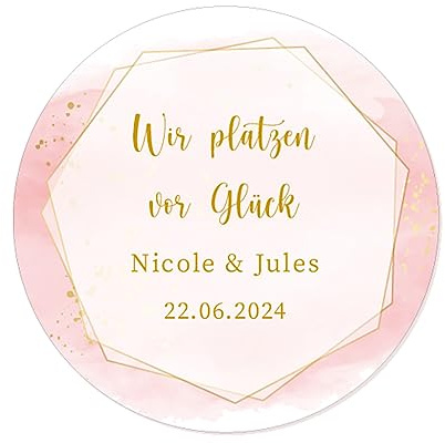50 Wir platzen vor Glück Aufkleber PERSONALISIERT Hochzeit Sticker 40mm rund Gastgeschenke Etiketten - Rd 665 (004)