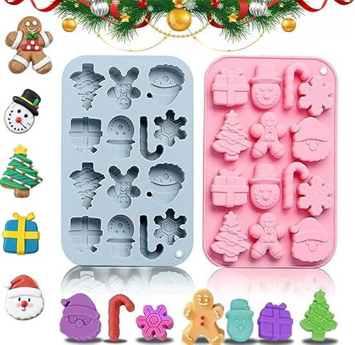 Moule Gateau Silicone de Noel,Lot de 2 moules en silicone pour chocolat, gelée, cire fondue en forme de bonhomme de neige,chaussettes,Père Noël,sapins de Noël et pain d'épices