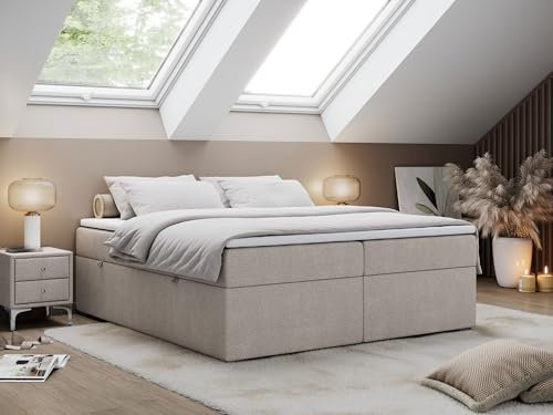 MKS MEBLE Boxspringbett 180x200 ohne Kopfteil mit Bettkasten, Bett 180x200 niedriges Kopfteil, Polsterbett 180x200 ohne Kopfteil - Bess - Beige Struktur - H3