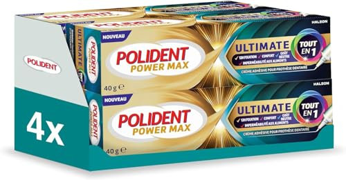 Polident Power Max Ultimate Tout-en-1, Crème fixatrice 12h, Pour Prothèses Dentaires, Goût neutre, Sans colorant, Lot de 4 x 40G