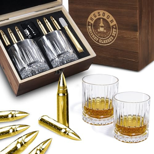 Gifts for Men Dad, Whiskey Glass Set with 6 Gold Bullet Whiskey Stones | 2 Old Fashioned Glasses, Tongs & Premium Wooden Box, Christmas Gifts for Men Husband, Bourbon Scotch Gifts for Whiskey Lovers
