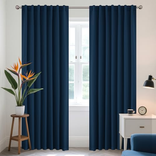 Joydeco Gardinen Blickdichte Vorhänge mit Schlaufen Verdeckten Marineblau | 2er Set,H200 x B140 cm,Verdunklungsvorhänge für Schlafzimmer und Wohnzimmer,Hitzeschutz Thermovorhang,UV-schutz