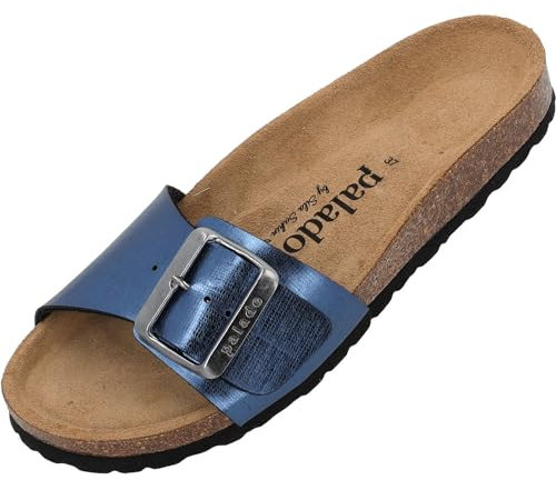 Palado Pantoletten Damen Malta EGS Caro by Sila Sahin – elegante Sandalen Made in Spain - bequeme Hausschuhe mit Kork-Fußbett - modische Sommerschuhe Blau UK8 - EU41