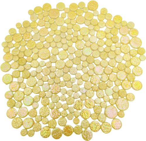 500 g zufällige runde schillernde Glasmosaikfliesen, kreative schillernde Glasmosaikstücke für Bastelarbeiten, Blumentöpfe, Vasen, Tassen, Gartendekoration, Mosaikherstellung Zubehör (Glitzer gelb)
