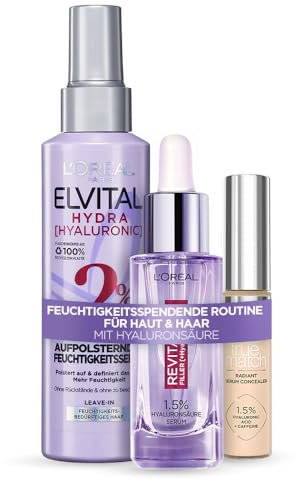 L'Oréal Paris Hyaluronic Heroes Set: Hydra Hyaluronic feuchtigkeitsspendende Spray Kur, Revitalift Filler Serum & Radiant Serum Concealer 2R - Für Ultimate Hydration, [Amazon Exclusive], 3-teilig