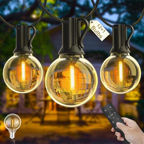 Yuusei Outdoor String Lights Mains Powered Remote Control, 25Ft/7.6M G40 LED Festoon Lights with 12+1 Shatterproof Bulbs, IP45 Waterproof Garden Lights for Patio Party Wedding Yard