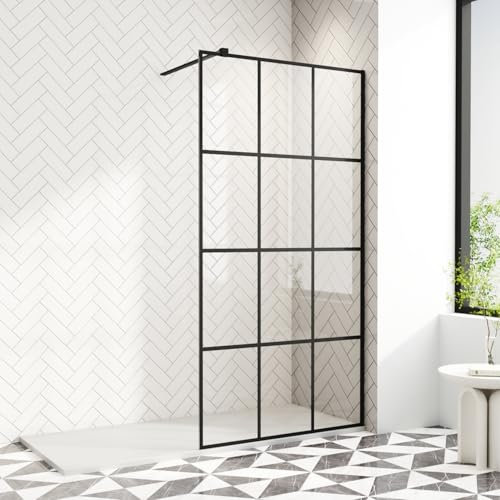 AQUARA Walk in Shower Screen, 1000 x 1900mm Shower Enclosure with 8mm Easy Clean Toughened Saftey Glass, Black Grid Wet Room Shower Screens with Support Bar