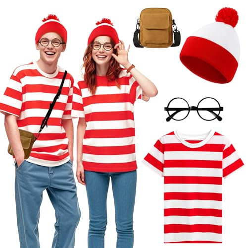 Costume de Wally 4 pièces pour adultes, ensemble d'accessoires à rayures rouges et blanches avec t-shirt, bonnet, sac à lunettes, sac pour homme et femme, déguisement pour la journée mondiale du livre