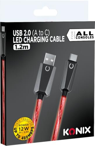 Konix Câble USB 2.0 Type A vers Type C PS5, Switch 2 et Xbox Series X|S - Charge rapide jusqu'à 12 watts - Longueur 1,2 m - Éclairage LED rouge