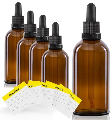 Oputec 5 x 100ml Pipettenflasche aus Braunglas mit Glaspipette + 5 Etiketten – Apothekerflasche für Aromatherapie, Kosmetik, Tropfflasche lichtgeschützt, für pharmazeutische Anwendungen und Labor
