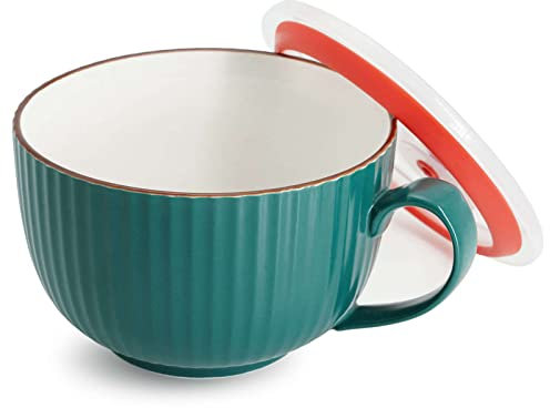 Die Tassen der Suppe, Keramik-Suppenschüsseln mit Deckel, große Suppentasse mit Henkel, kleine Ramen-Schüsseln (mikrowellengeeignet), Frühstücksschüssel(Green)