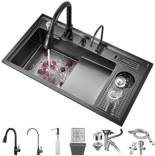 GLMGBP Lavello da Cucina in Acciaio Inox a gradini Om con Rubinetto Estraibile, lavello Domestico Nano Nero, lavello Multifunzionale a Una Vasca con Lavatrice, Dispenser di Sapone, portacoltelli, m