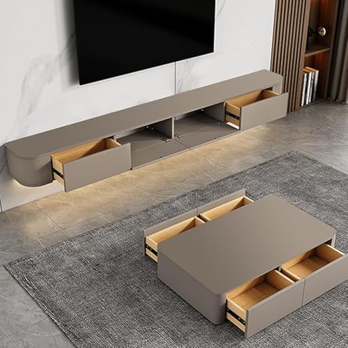 XDXINY Schwebender TV-Schrank mit Schubladen, TV-Konsole mit integriertem Kabelmanagement, Multimedia-TV-Konsole, Massivholz-TV-Schrank mit Stauraum (montagefrei) (Khaki, 200CM/78.7IN)