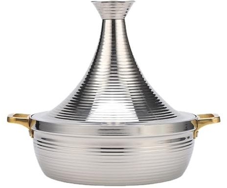 SXTYYH Three Layers Thickened Taji Pot Tagine Pot Moroccan for Cooking Durable 304 Stainless Steel Tajine Pot with Conical Lid, for Slow-Cooking(Silver,32cm)