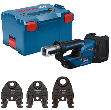 Bosch PRO 18V System Akku Presswerkzeug GPT 18V-19 (19 kN Kraft, um 360° drehbarer Kopf, inkl. Pressbacke Comp. TH16, TH20, TH26, L-BOXX)