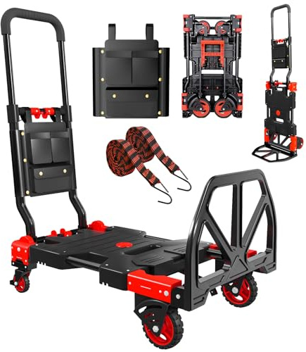 WestShuri Diable pliable, chariot de déménagement portable 2 en 1 avec 4 roues pliables et poignée rétractable, 150 kg (rouge)