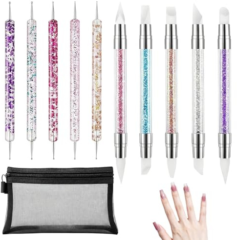 Dotting Tool, 10 Stück Acryl Pinsel für Nägel, Prägestift mit Kosmetiktasche, Nagel Pinsel, Dotting Tool Nägel, Doppel Köpfe Maniküre Werkzeug für Diy Nail Art Design