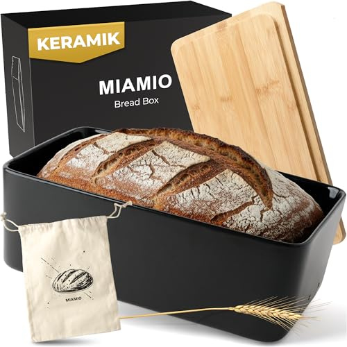 MIAMIO - Bread Box/Ceramic Bread Storage Box with Cutting Board/Lid (Black) | Bread Box for Kitchen Countertop/Ceramic Bread Box with Cutting Board, Bread Container with Bamboo Lid and Textile Bread Bag