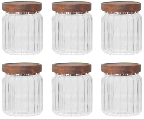 YöL Pack of 6 400ml Glass Storage Container Wooden Lid With Silicone Seal Modern Ribbed Finish - Dry Food Storage Jar Tea Coffee Sugar Flour Oats Pasta Cereal Kitchen