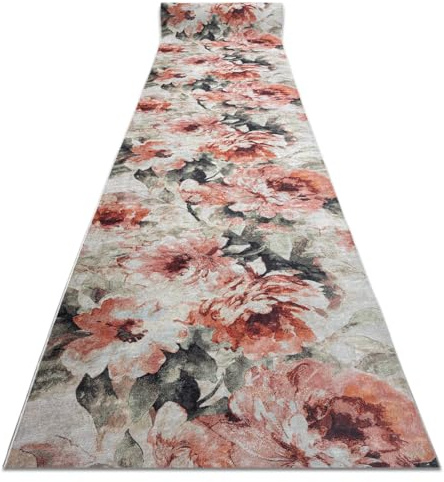 rugsx Läufer Antirutsch Lotus Bouquet 52900 Blumen beige/rosa - Waschbar - 80x200 cm- Rutschfester Teppich für Flur & Küche