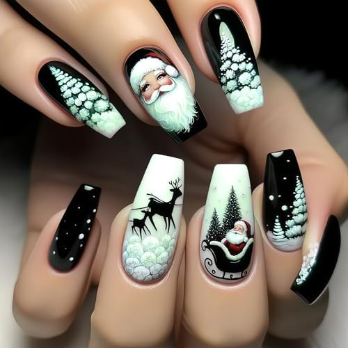 Evadollina Christmas Press On Nails, 24 Stück Press On Nails Weihnachten, Nägel zum Aufkleben, Fingernägel zum Aufkleben, Schwarz-weiße Weihnachtsmann Maniküre