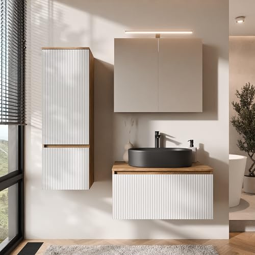Planetmöbel Arisa Badmöbel Set Waschtisch mit Unterschrank | 80 cm, gold eiche weiß (geriffelt) mit ARIA Spiegelschrank und Hochschrank, Waschbecken 55 cm gold eiche schwarz