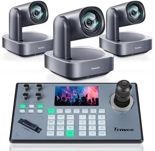 Tenveo PTZ Camera and Controller Bundle/Kits - 4K 12X AI Auto Tracking HDMI/USB3.0/LAN(PoE) NDI PTZ Camera(3PCS) and 5'' LCD Screen Joystick Controller for Church Service Events Live Streaming