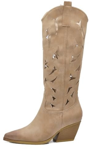 IF Stivali Alti Texani Donna Western in Pelle Sintetica Vegana, Design Traforato, Tacco Medio e Punta Affusolata G710 beige 39