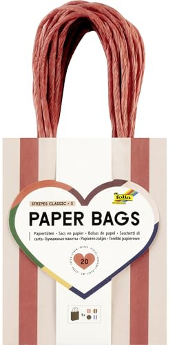 Folia 21225 - Paper Bags Stripes Classic S, 20 Papiertüten aus 110 g/m² FSC-Mix Papier in 4 Farben, ca. 12 x 15 x 5,5 cm, zum Basteln, Verzieren und Verschenken