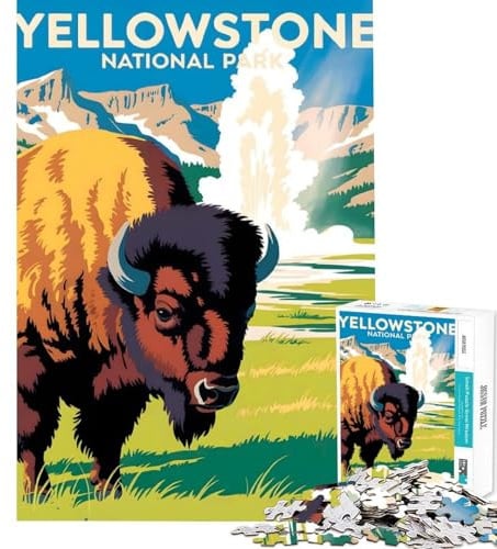 Puzzle mit 1000 Teilen für Erwachsene Yellowstone Nationalpark Bison-Poster-Kunst schwieriges und herausforderndes Muster praktisches Spiel geeignet für Personen ab 14 Jahren (38x26cm)