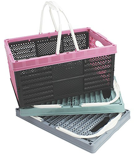 COM-FOUR® 3x Klappbox mit Henkeln 16l - Transportbox mit Griffen - Stabile Aufbewahrungsbox - Einkaufskorb zusammenklappbar - 20 x 40 x 27 cm (03 Stück - grau/türkis/blaugrau)