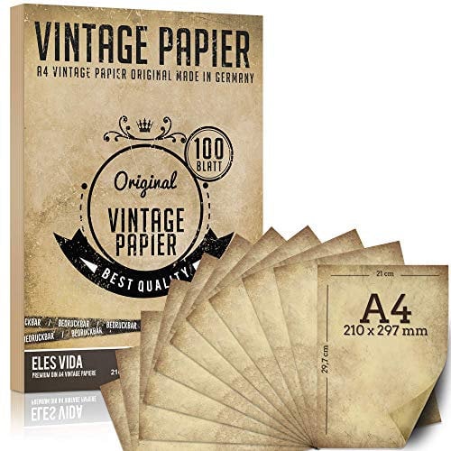 100 Stück DIN A4 Vintage Briefpapier 100g/m - Altes Bastelpapier für Urkunden Schatzkarten Bastel Karten, Hochzeit, Geschenke, Nostalgie, Altes Papier, Scrapbooking Motivpapier - MADE IN GERMANY