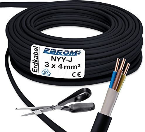 Ebrom Sold by the metre: NYY-J power cable, 3 x 4 mm², earth cable, black, length in 5 m increments, e.g. 10 m, 20 m, 25 m, 30 m, etc.