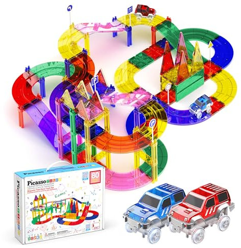 PicassoTiles 80 Piece Race Car Track Building Block Educational Toy Set Magnetic Tiles Magnet DIY Playset 2 Light Up Car STEM Learning Construction Kit Hand-Eye Coordination Fine Motor Skill Training