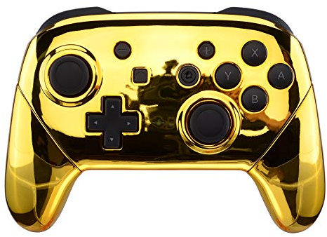 eXtremeRate Grips Case kompatibel mit Nintendo Switch Pro Controller, Glossy DIY-Ersatz Full Gehäuse Frontplatte/Backplate&Griff Hülle Set für Switch Pro Controller-Chrome Gold