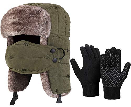 Satinior 2 Stück Wintermütze Handschuhe Set inkl. Unisex Trapper Hut Kunstfell Jagd Mütze Winddicht Skimütze mit Ohrenklappen und Touchscreen-Handschuhen für Outdoor-Aktivitäten