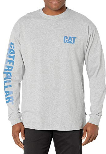 CAT Men's Trademark Banner Long Sleeve Tee Shirts with Center Back Neck Wire Management Loop Logo T, Heather Grey/Blue, 3XL