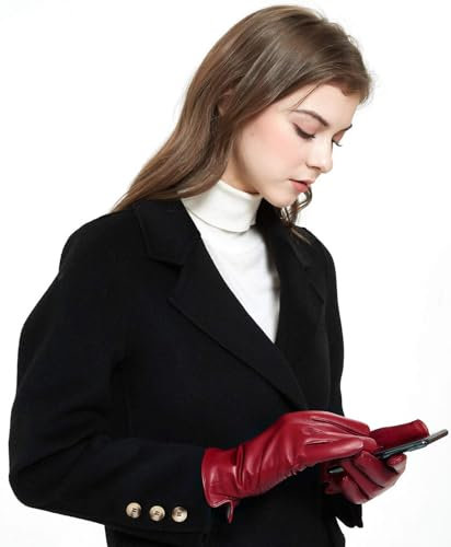 ZLUXURQ Handschuhe Damen Rot Weiche Lammfell Leder Touchscreen und mit Kaschmir gefüttert Winter handschuhe,bequem und warm.