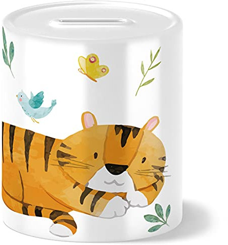 OWLBOOK® Safari Tiger Kinder Spardose Kinder Junge Mädchen | Geschenke zur Einschulung | Taufgeschenke | Geschenk Taufe Geburt Geburtstag | Sparschwein | Sparbüchse | Wiederverschließbar
