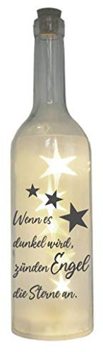 WB wohn trends LED-Flasche mit Motiv, Wenn es dunkel Wird zünden Engel die Sterne an, grau, 29cm, Flaschen-Licht Glitzer-Flasche Leuchtflasche Lampe mit Text Spruch Trauer-Licht