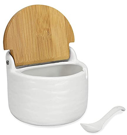 HTian 7.0 Oz Ceramic Sugar Bowl with Spoon and Bamboo Lid, Round Porcelain Covered Sugar Bowls Spice Containers, Salt Cellar, White