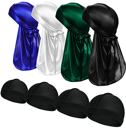 4 Stück Silky Durag Pack Doo Rag mit langem Schwanz und 4 Stück Satin Wave Cap Perfekt für Männer 360 Waves