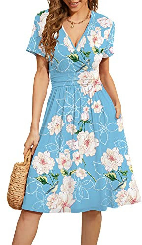 WEACZZY Damen Sommer Kurzarm Freizeitkleider V-Ausschnitt Floral Partykleid mit Taschen, Blumenmuster hellblau, XX-Large