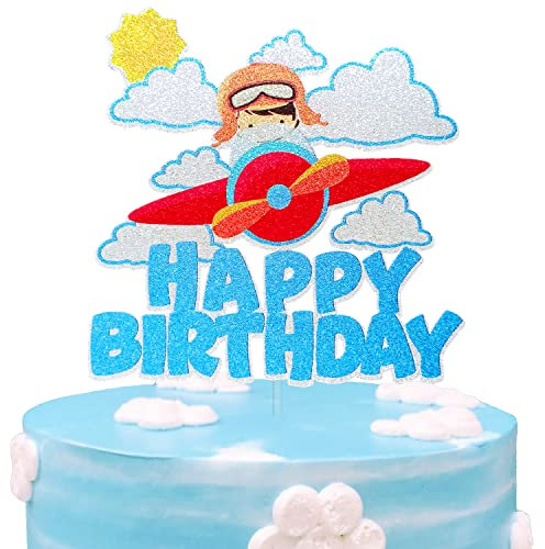 Glitter Airplane Cake Topper, Airplane Theme Happy Birthday Cake Décor, Time Flies Party Supplies, Boys First Birthday Vintage Biplane Decoration