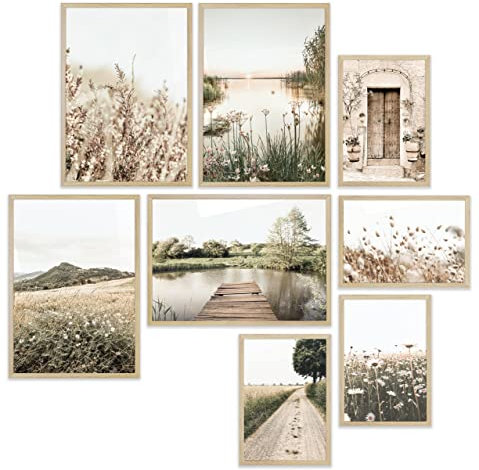 Heimlich® Premium Poster Set mit Bilderrahmen Holz Eiche | 4 x DIN A3 & 4 x DIN A4 - ca. 30x42 & 21x30 | Stilvolle Poster Collagen mit modernen Bilder als Wanddeko |» Blumen Deko «