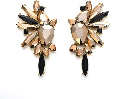 EVER FAITH Crystal Fashion Statement Earrings, Art Deco Marquise Teardrop Cluster Bling Colorful Dangle Earrings for Woman Champagne Gold w/Black Gold-Tone