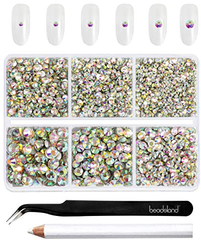 Beadsland 4300pcs Flatback Nail Rhinestones,AB Crystal Rhinestones Round Gems for Crafts,Mixed 6 Sizes with Picking Tweezers and Wax Pencil Kit, SS6-SS20,Crystal AB